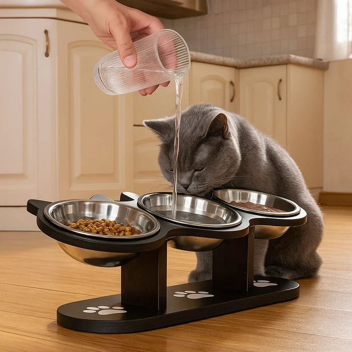 Elevated Cat Bowls with Wooden Stand – Adjustable Tilted Stainless Steel Cat Bowl Set