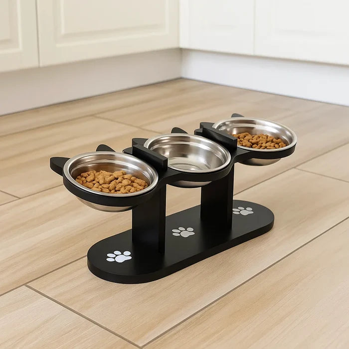 Elevated Cat Bowls with Wooden Stand – Adjustable Tilted Stainless Steel Cat Bowl Set