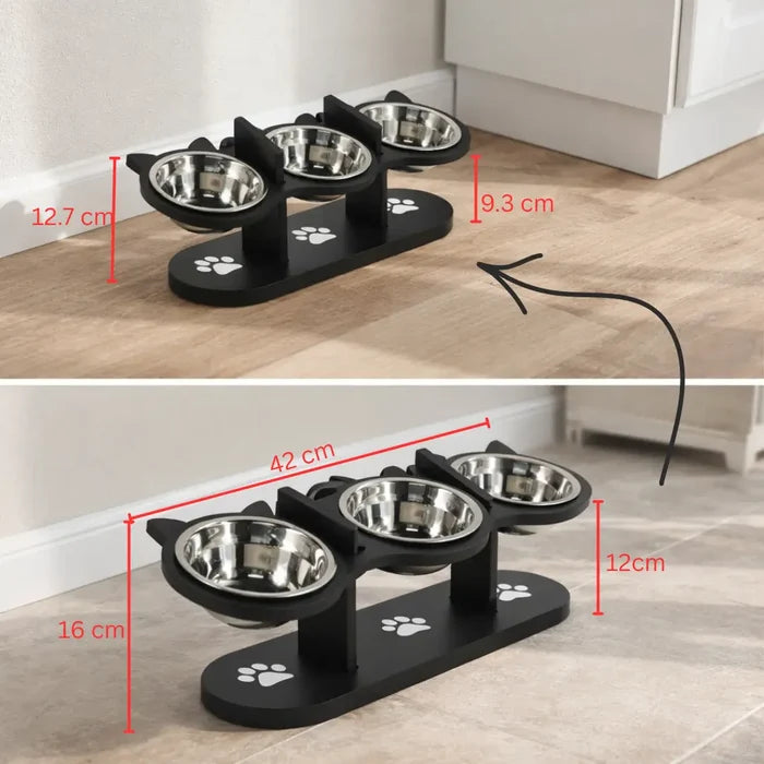 Elevated Cat Bowls with Wooden Stand – Adjustable Tilted Stainless Steel Cat Bowl Set