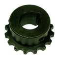 Black metal sprocket gear with central shaft hole for industrial power equipment