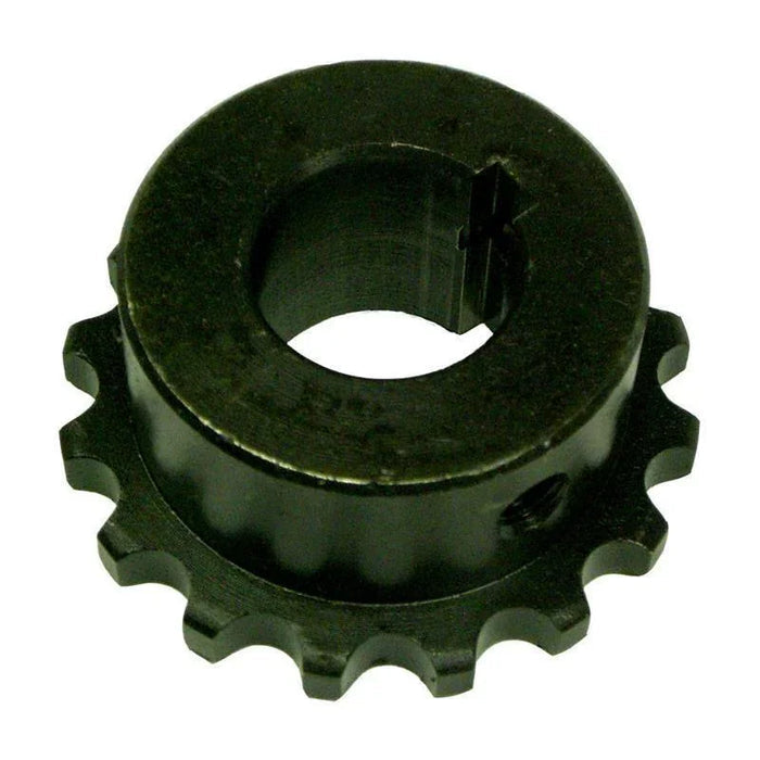 Black metal sprocket gear with central shaft hole for industrial power equipment