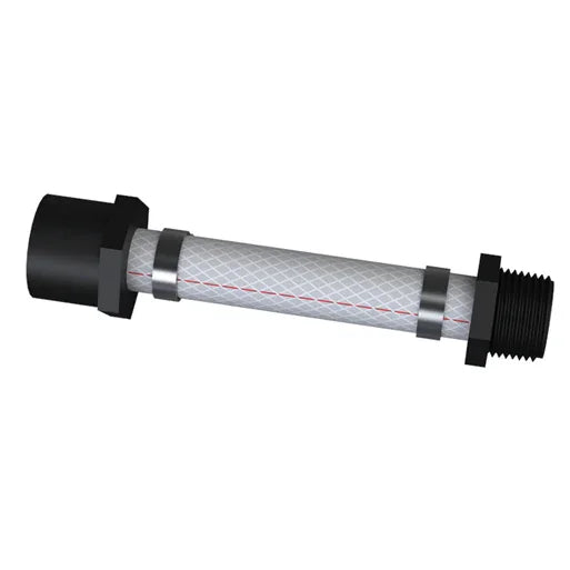 Extension hose for flow indicator with black threaded ends and reinforced clear tubing