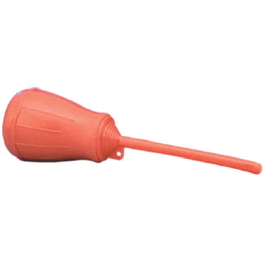Red rubber filler bulb with extended nozzle, used for battery maintenance and power parts