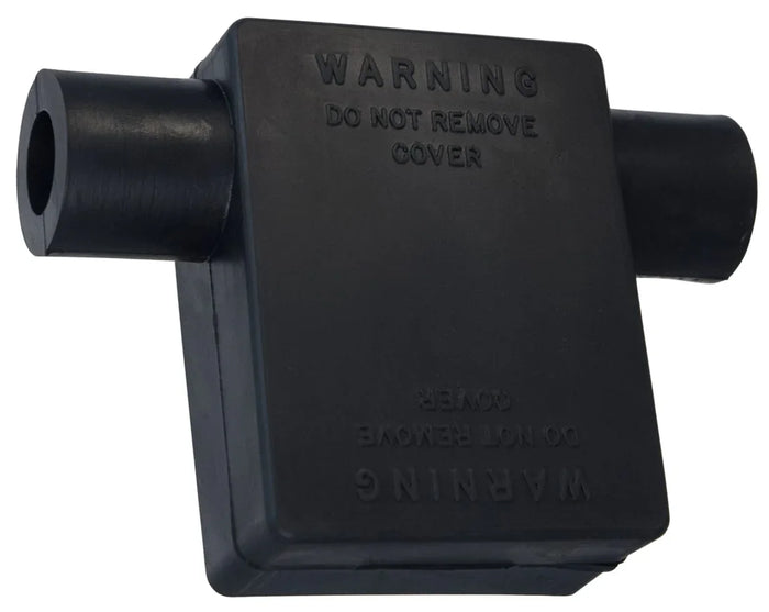 Black flag clamp terminal protector with warning text, electrical parts accessory