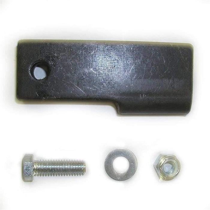 Flip stop kit with black metal bracket, bolt, washer, and nut for power equipment