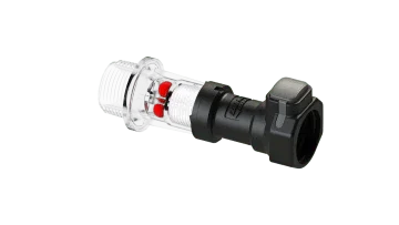 3/4 NPT flow indicator with clear housing and black female coupler, fluid monitoring part
