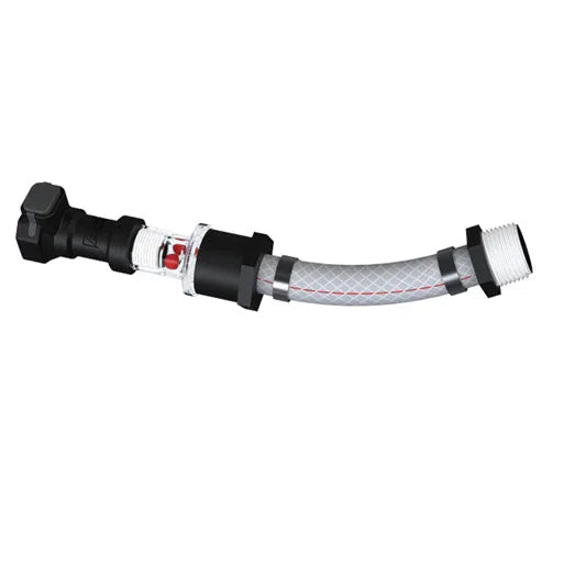Heavy-duty flow indicator with extension and transparent section, flexible hose, threaded ends