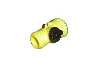 Yellow plastic flow restrictor valve for facility power equipment, isolated on white background