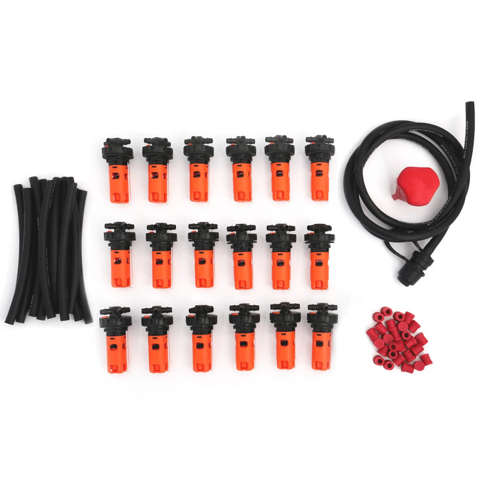 Battery watering system kit with 20 orange and black valves, tubing, and accessories