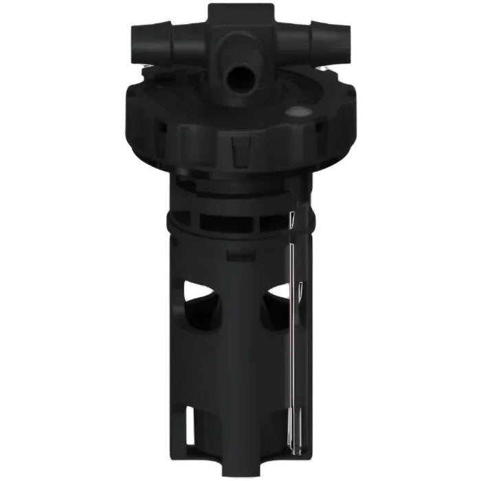 Black battery watering valve with hose connectors and cylindrical housing