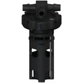 Black battery watering valve with hose connectors and cylindrical housing