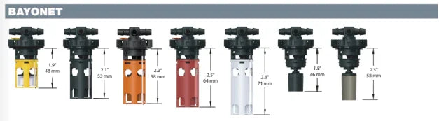 Bayonet style Millennium valves with various colored bases and size measurements in millimeters.