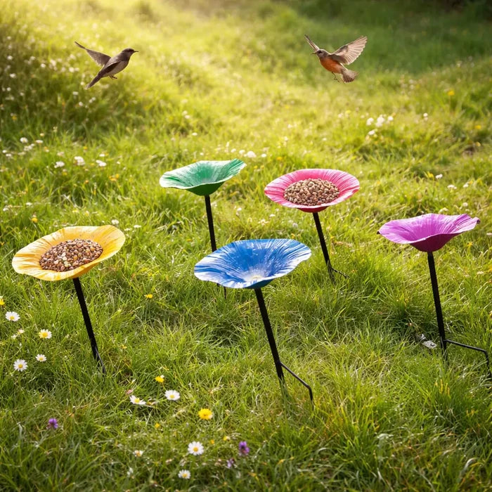 Flower Bird Bath & Bird Feeder Station with Ground Stake – Outdoor Garden Bird Feeder