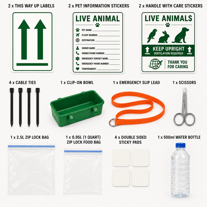 A pet care and training accessory kit laid out on a white background, including green and white pet information stickers, cable ties, a clip-on bowl, an emergency slip lead, scissors, zip lock bags, sticky pads, and a water bottle. Text labels identify each included item.