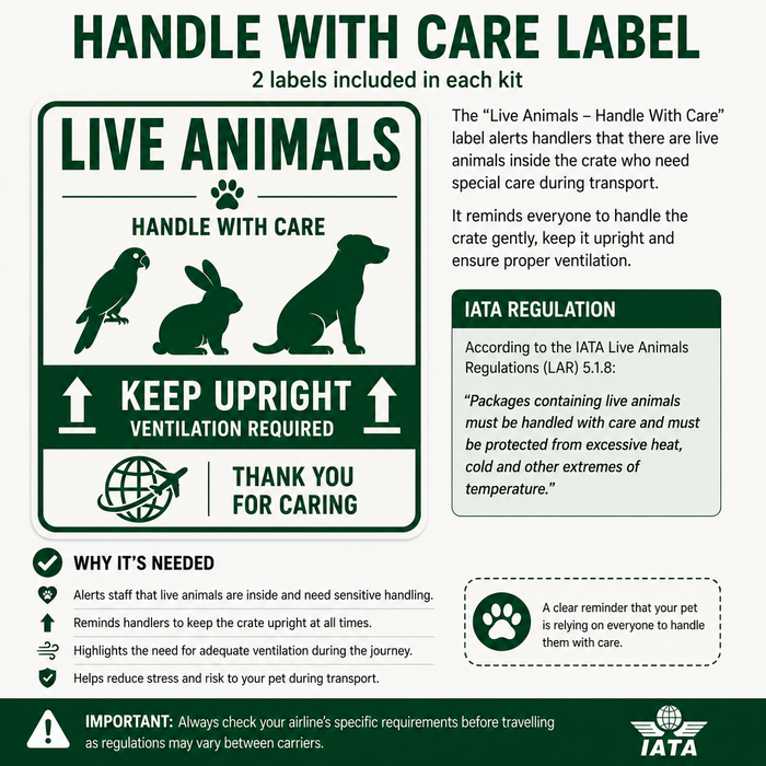 An informational product graphic for a live animal handle with care label set, showing the front and back of the label, explanatory text, icons for different animals, and the IATA logo.