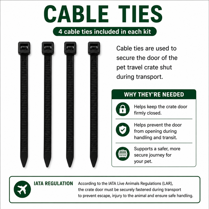 A product information graphic for pet cable ties. The image shows four black cable ties on a white background with text explaining that 4 cable ties are included in each kit, their use to secure a pet travel crate door, and a 'WHY THEY'RE NEEDED' panel with icons and IATA regulation information.