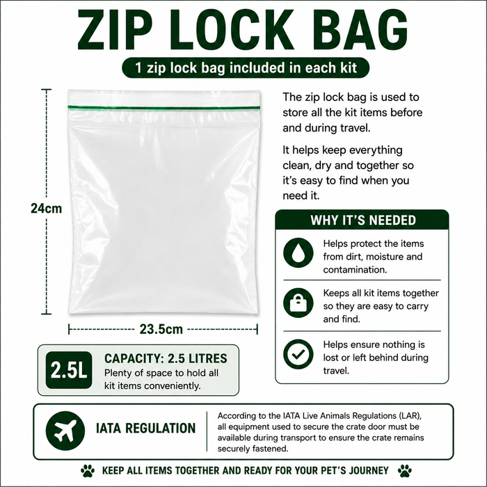 An informational product graphic for a zip lock bag kit. It shows a clear plastic zip lock bag with a green zipper seal, labeled dimensions of 24cm by 23.
