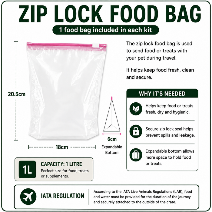 An informational product graphic for a zip lock food bag. It shows a clear plastic bag with a pink zipper seal, labeled with dimensions 20.