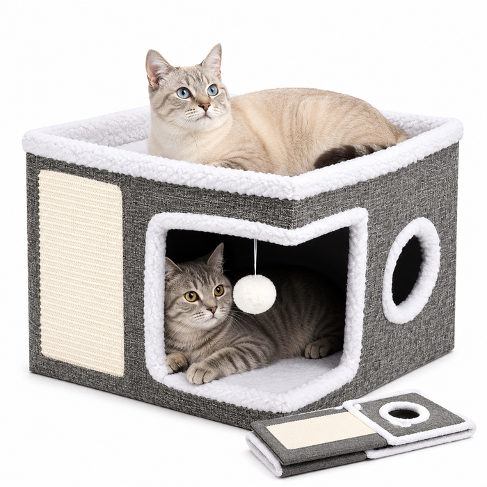 Foldable Multi-Level Cat House with Tunnel, Scratcher & Cozy Bed