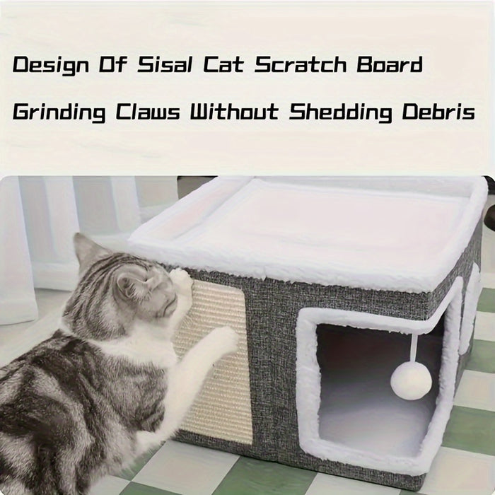 Foldable Multi-Level Cat House with Tunnel, Scratcher & Cozy Bed