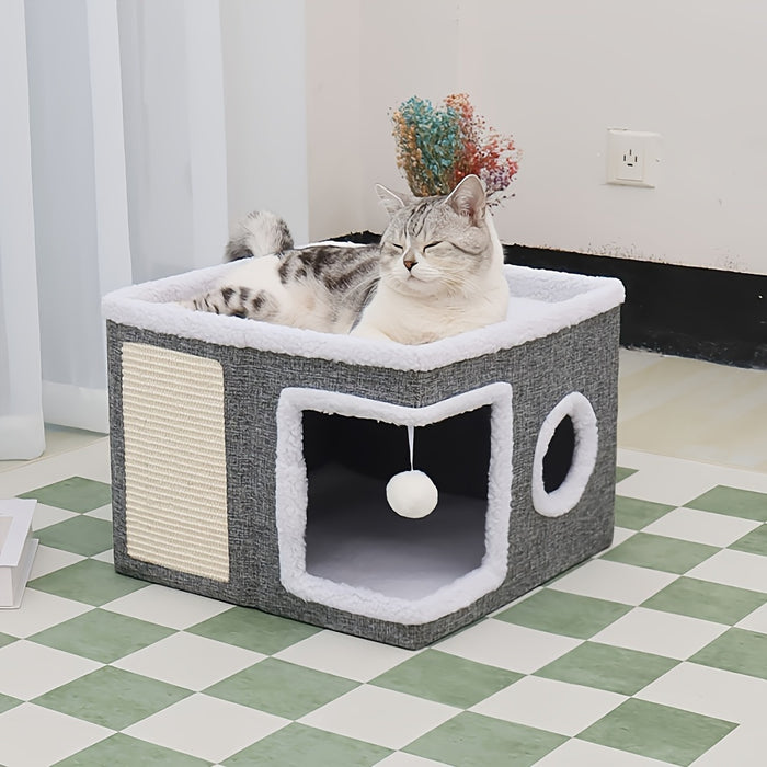 Foldable Multi-Level Cat House with Tunnel, Scratcher & Cozy Bed