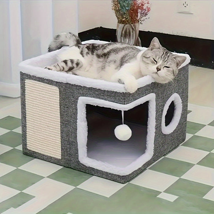 Foldable Multi-Level Cat House with Tunnel, Scratcher & Cozy Bed