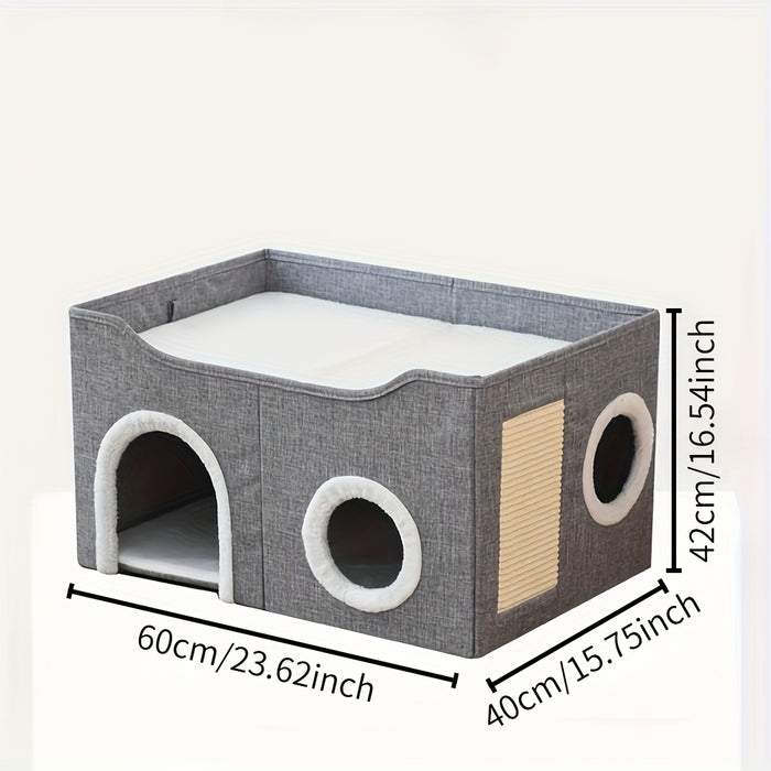 Foldable Multi-Level Cat House with Tunnel, Scratcher & Cozy Bed