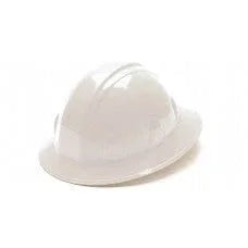 White full brim hard hat for safety and head protection, construction gear.
