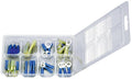 Assorted solderless terminal connectors kit in open plastic case, blue and yellow connectors.