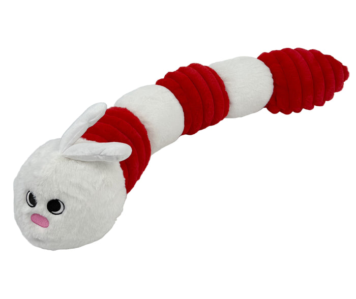 Plush dog toy with red and white striped body on a white background