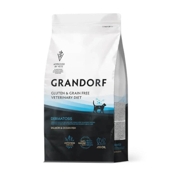 A bag of Grandorf Veterinary Diet Dermatitis dog food, salmon and ocean fish flavor. The packaging is white on the top half and black on the bottom half, with blue accents and a silhouette of a dog.