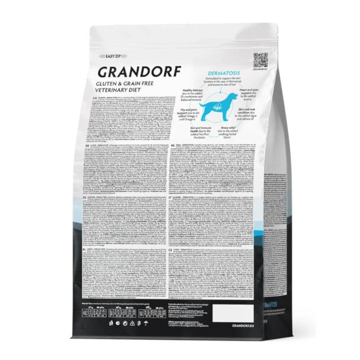 A bag of Grandorf Gluten & Grain Free Veterinary Diet dog food, shown from the back panel against a white background.