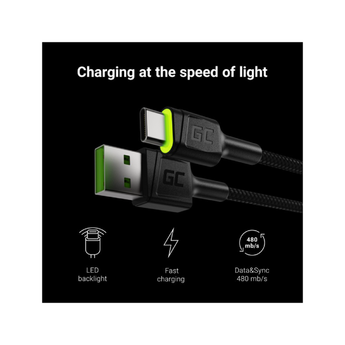 cable green cell ray usb cable usb c 120cm with green led backlight and support fast charging ultra charge qc 30 1