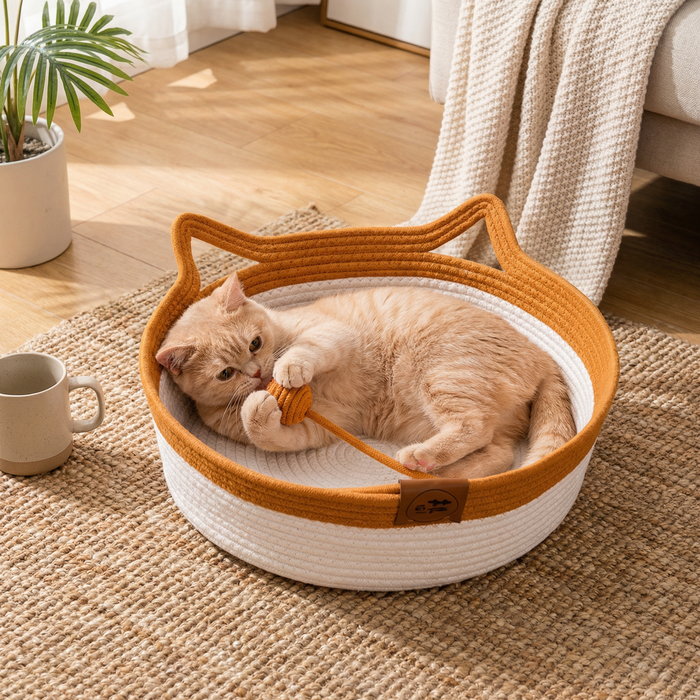 Hand-Woven Cotton Rope Cat Bed – Cozy Round Pet Bed for Cats