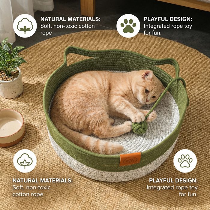 Hand-Woven Cotton Rope Cat Bed – Cozy Round Pet Bed for Cats