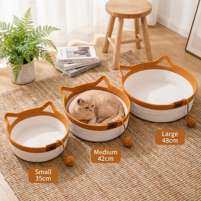 Hand-Woven Cotton Rope Cat Bed – Cozy Round Pet Bed for Cats