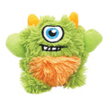 Green plush dog toy with one eye and orange accents on a white background
