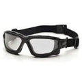 black sealed safety eyewear with clear lenses and adjustable strap
