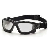 black sealed safety eyewear with clear lenses and adjustable strap