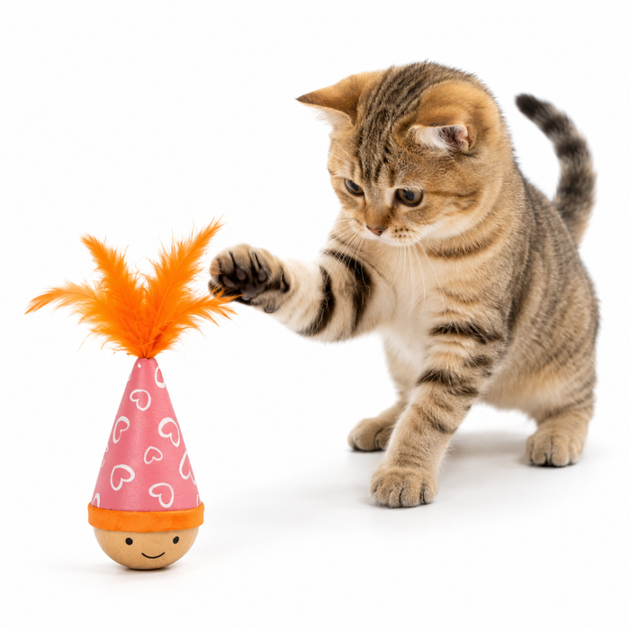 Interactive Cat Tumbler Toy with Teaser Wand & Wooden Base for Indoor Cats