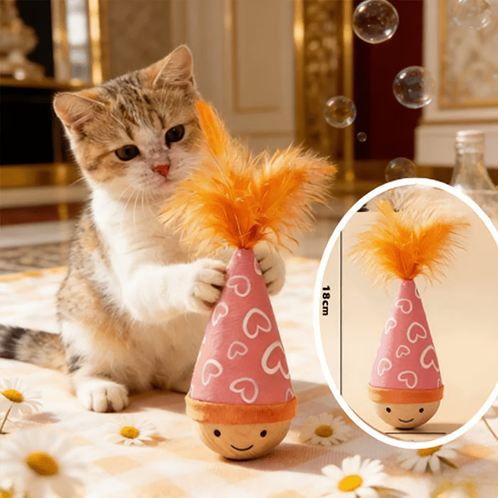 Interactive Cat Tumbler Toy with Teaser Wand & Wooden Base for Indoor Cats