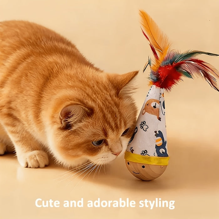 Interactive Cat Tumbler Toy with Teaser Wand & Wooden Base for Indoor Cats