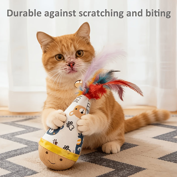 Interactive Cat Tumbler Toy with Teaser Wand & Wooden Base for Indoor Cats