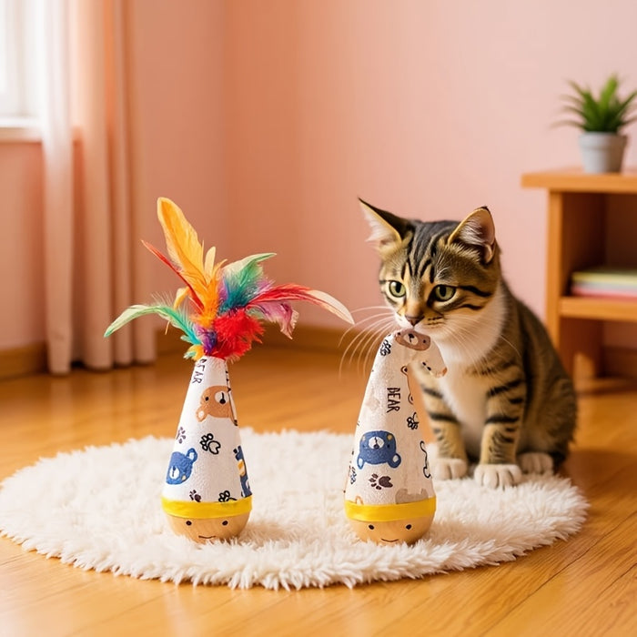 Interactive Cat Tumbler Toy with Teaser Wand & Wooden Base for Indoor Cats