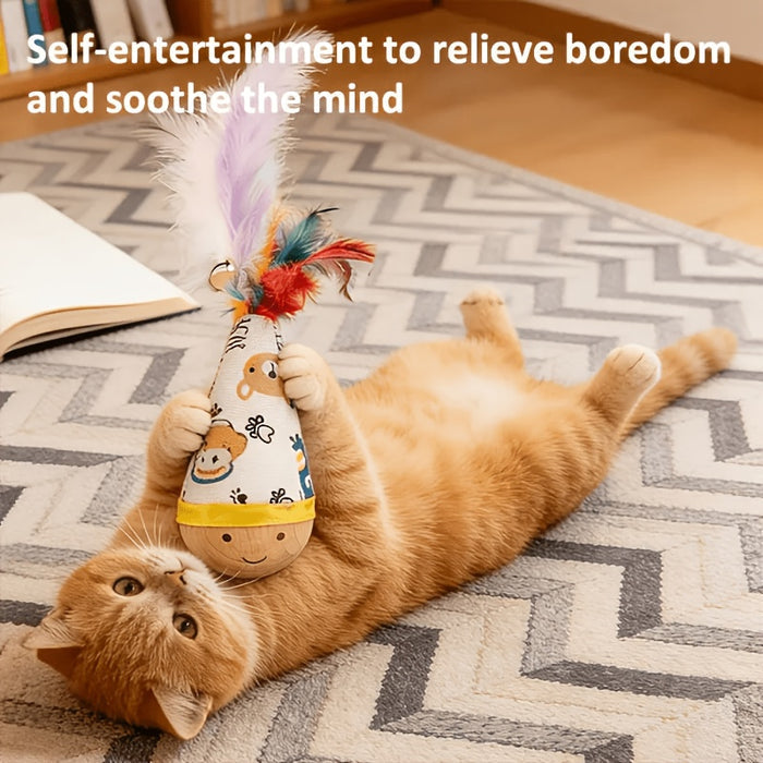 Interactive Cat Tumbler Toy with Teaser Wand & Wooden Base for Indoor Cats