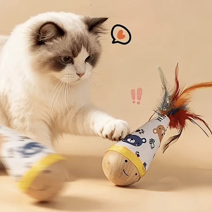 Interactive Cat Tumbler Toy with Teaser Wand & Wooden Base for Indoor Cats