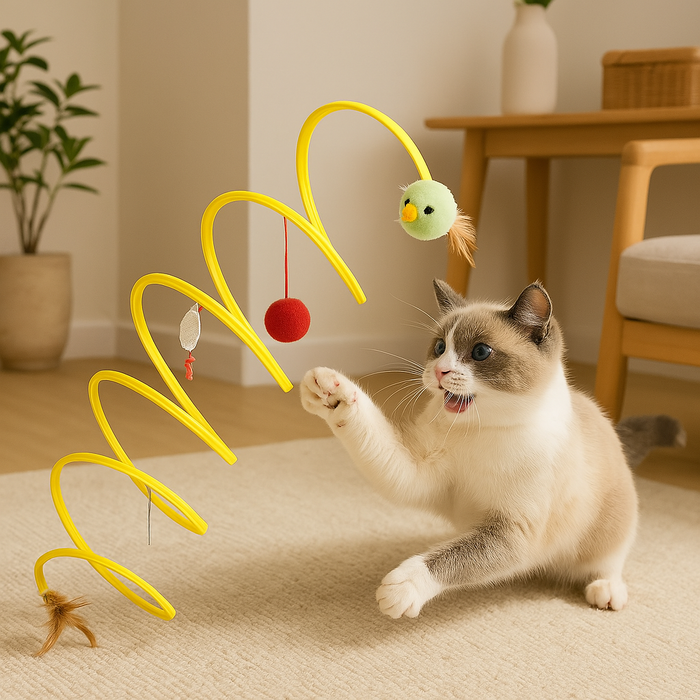 Interactive Spiral Cat Toy | Spring-Shaped Cat Tunnel with Hanging Balls & Feathers