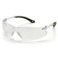 Clear safety glasses with transparent lenses and black temple tips on a white background
