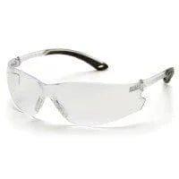 Clear safety glasses with transparent lenses and black temple tips on a white background
