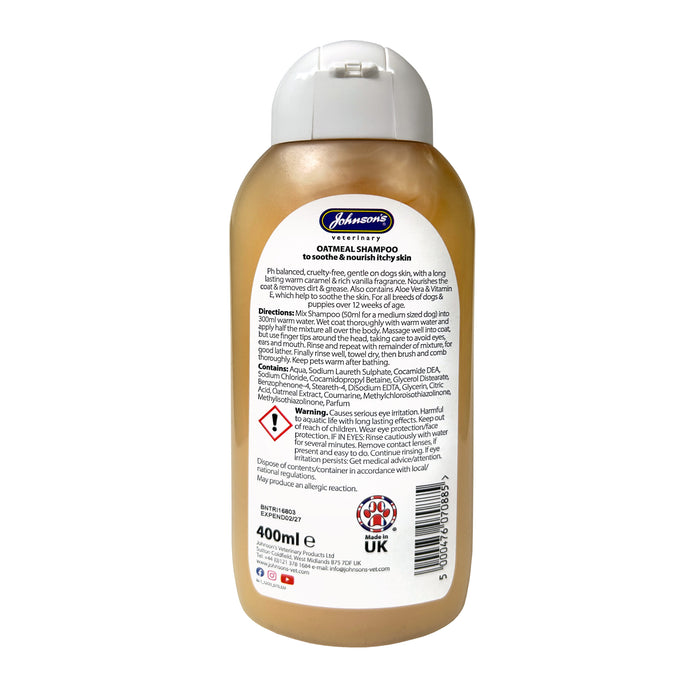 Shows label on back of Johnsons oatmeal shampoo for dogs
